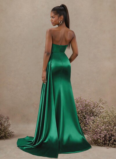 Sheath/Column Strapless Sleeveless Sweep Train Stretch Satin Knit Prom Dresses