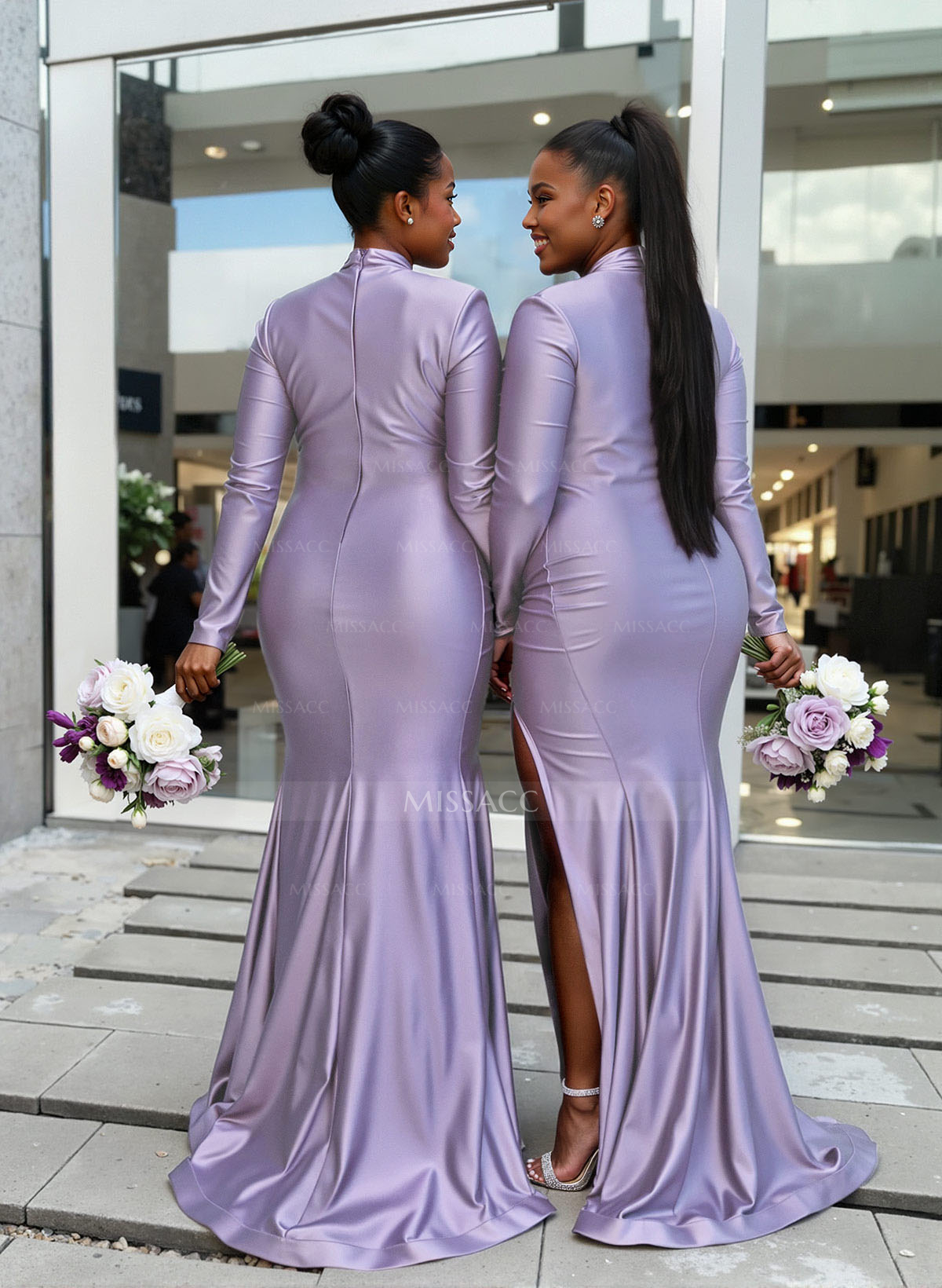 Trumpet/Mermaid High Neck Long Sleeves Stretch Satin Knit Bridesmaid Dresses With High Split