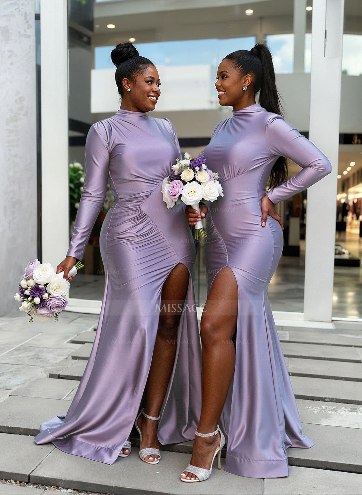 Trumpet/Mermaid High Neck Long Sleeves Stretch Satin Knit Bridesmaid Dresses With High Split
