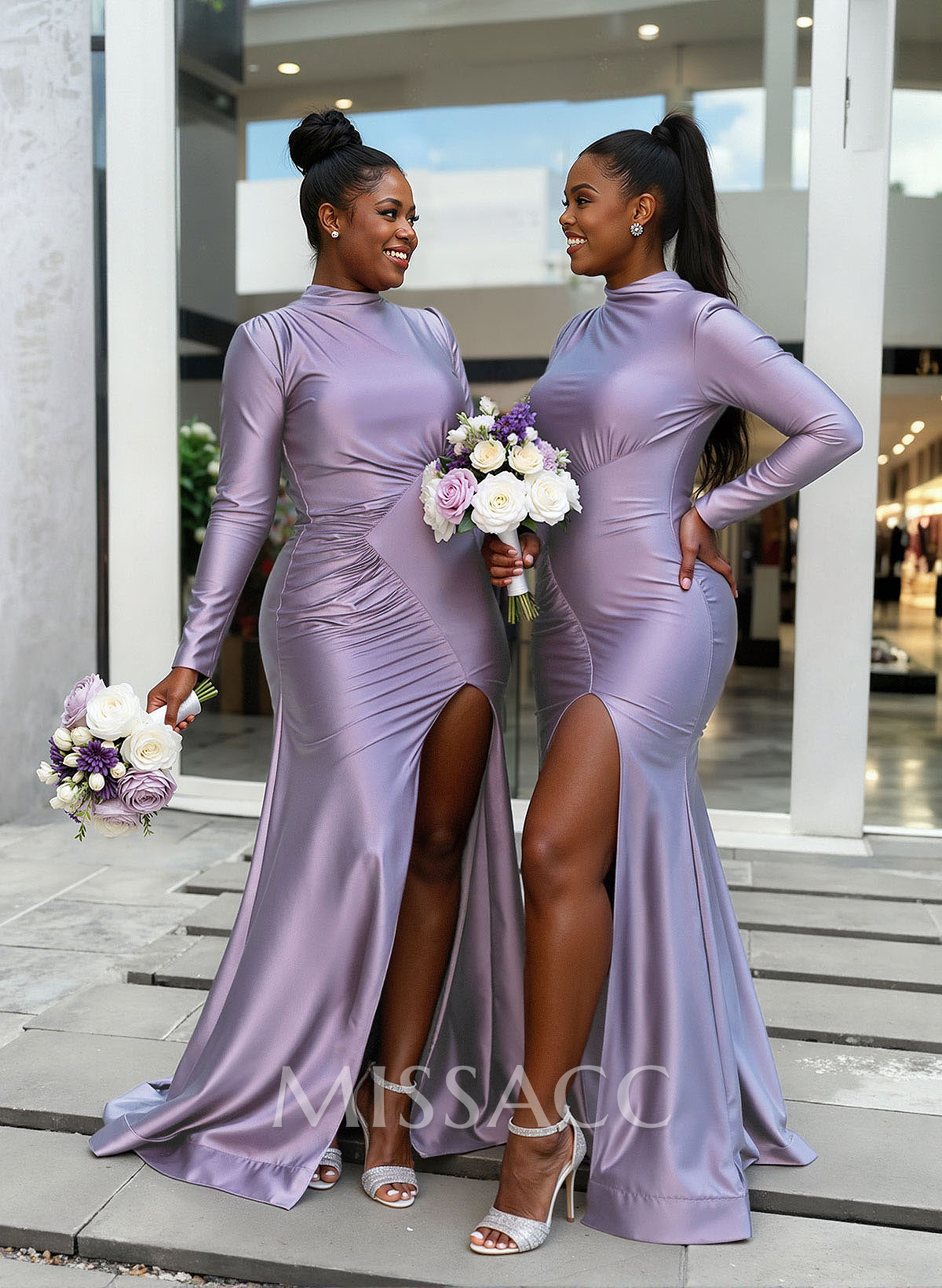 Trumpet/Mermaid High Neck Long Sleeves Stretch Satin Knit Bridesmaid Dresses With High Split