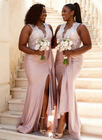 Trumpet/Mermaid V-Neck Sweep Train Stretch Satin With Cascading Ruffles/Appliques Lace/High Split