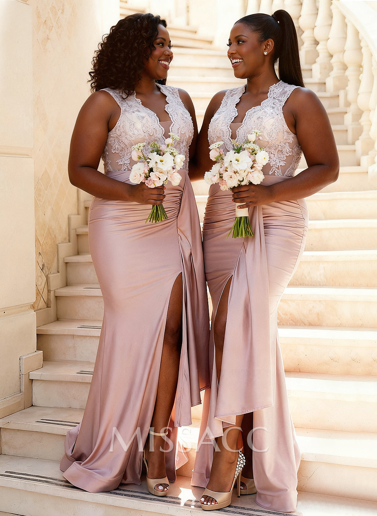 Trumpet/Mermaid V-Neck Sweep Train Stretch Satin With Cascading Ruffles/Appliques Lace/High Split
