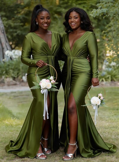 Trumpet/Mermaid Plunge Neck Long Sleeves Sweep Train Bridesmaid Dresses With High Split