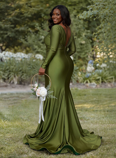 Trumpet/Mermaid Plunge Neck Long Sleeves Sweep Train Bridesmaid Dresses With High Split