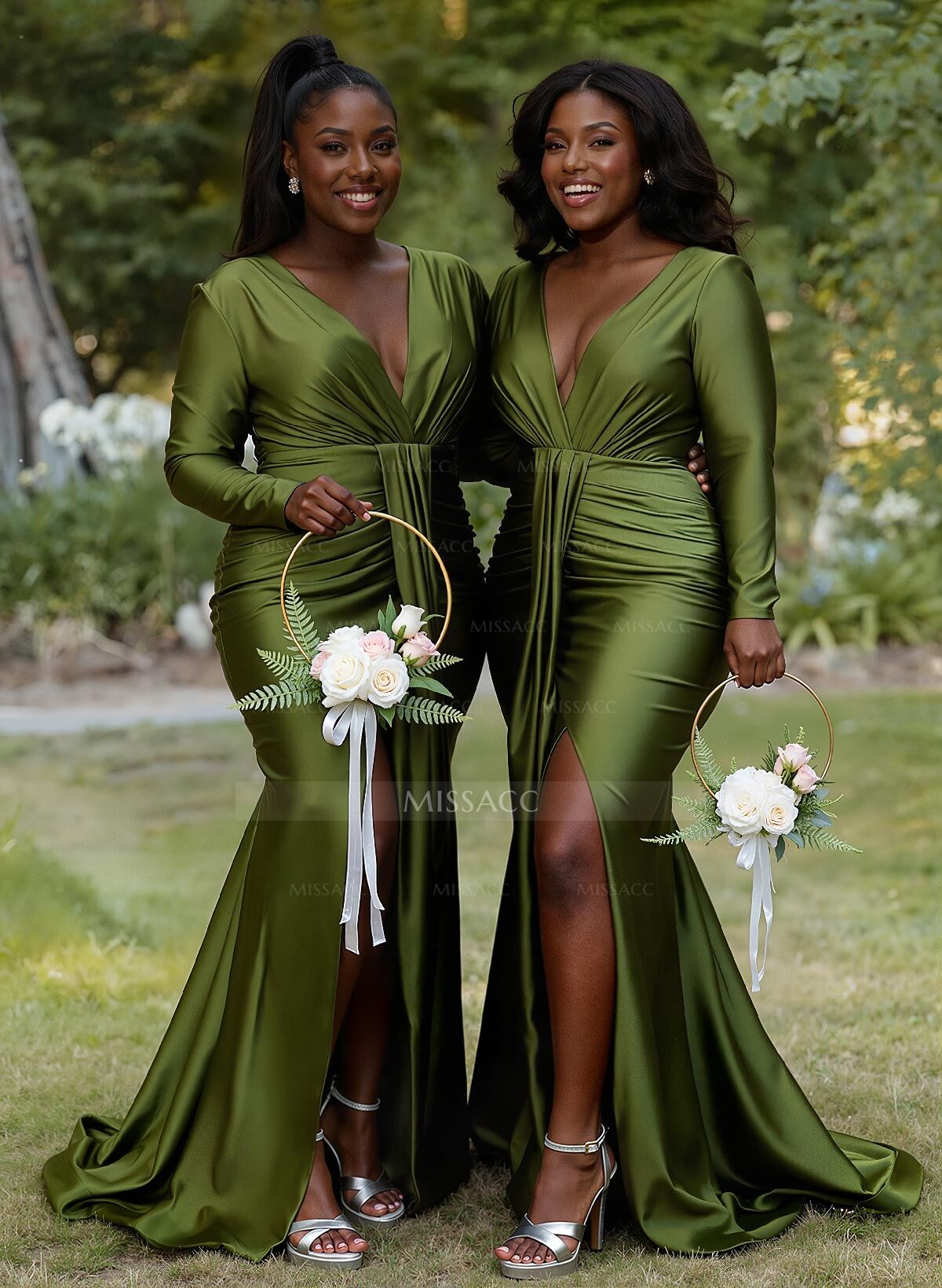 Trumpet/Mermaid Plunge Neck Long Sleeves Sweep Train Bridesmaid Dresses With High Split