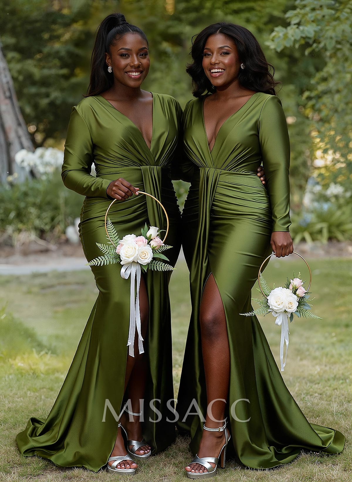 Trumpet/Mermaid Plunge Neck Long Sleeves Sweep Train Bridesmaid Dresses With High Split