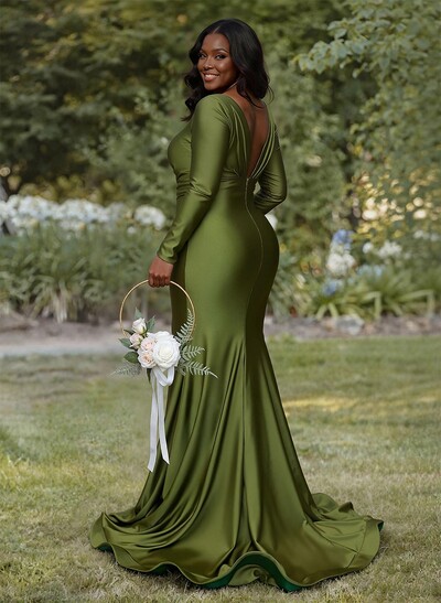 Mermaid/Trumpet Plunge Neck Long Sleeve Bridesmaid Dresses With Sweep Train And High Slit