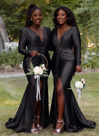 Trumpet/Mermaid Plunge Neck Long Sleeves Sweep Train Bridesmaid Dresses With High Split