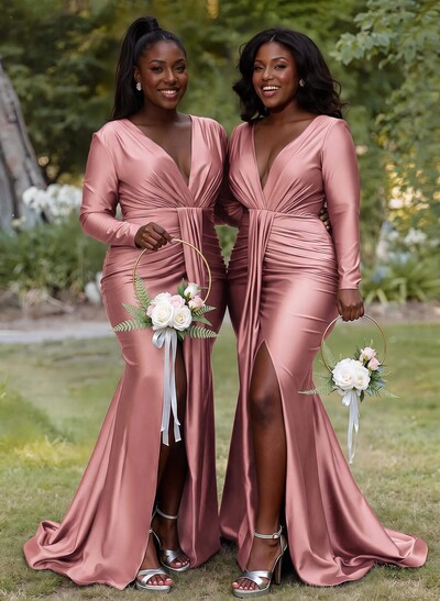 Trumpet/Mermaid Plunge Neck Long Sleeves Sweep Train Bridesmaid Dresses With High Split