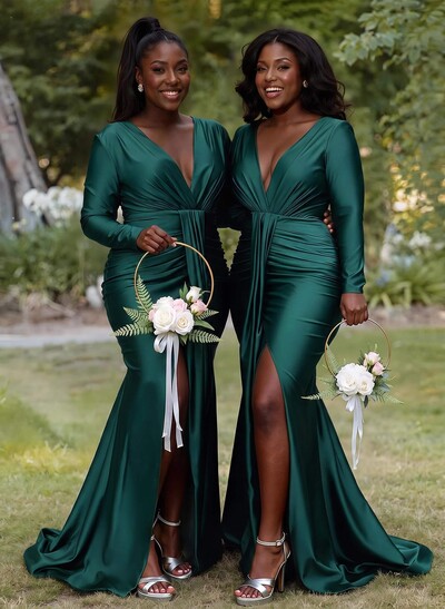Trumpet/Mermaid Plunge Neck Long Sleeves Sweep Train Bridesmaid Dresses With High Split