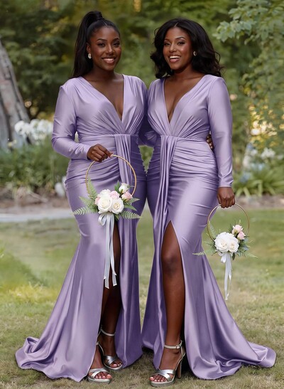 Mermaid/Trumpet Plunge Neck Long Sleeve Bridesmaid Dresses With Sweep Train And High Split