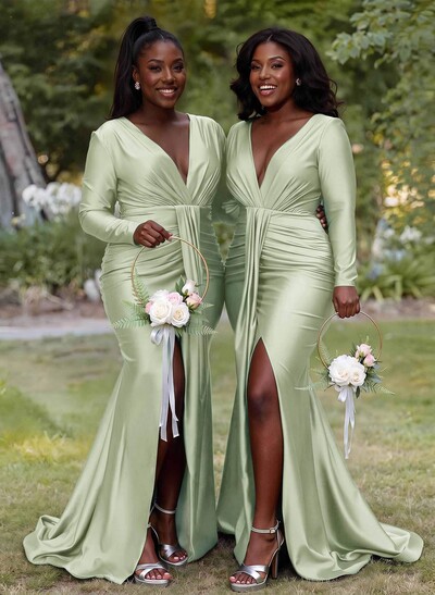 Trumpet/Mermaid Plunge Neck Long Sleeves Sweep Train Bridesmaid Dresses With High Split