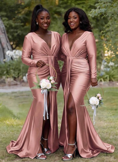 Mermaid/Trumpet Plunge Neck Long Sleeve Bridesmaid Dresses With Sweep Train And High Slit