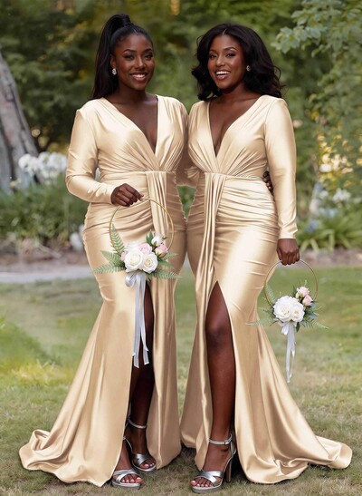 Trumpet/Mermaid Plunge Neck Long Sleeves Sweep Train Bridesmaid Dresses With High Split