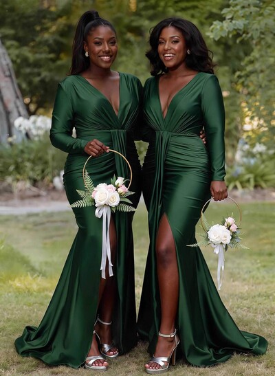 Trumpet/Mermaid Plunge Neck Long Sleeves Sweep Train Bridesmaid Dresses With High Split