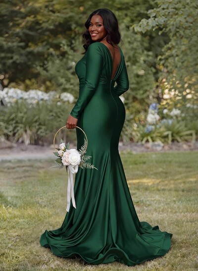 Trumpet/Mermaid Plunge Neck Long Sleeves Sweep Train Bridesmaid Dresses With High Split