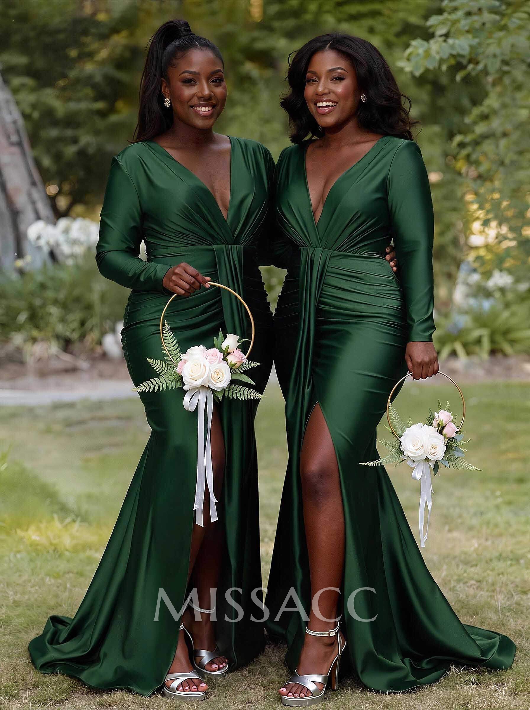 Trumpet/Mermaid Plunge Neck Long Sleeves Sweep Train Bridesmaid Dresses With High Split Trumpet/Mermaid Plunge Neck Long Sleeves Sweep Train Bridesmaid Dresses With High Split