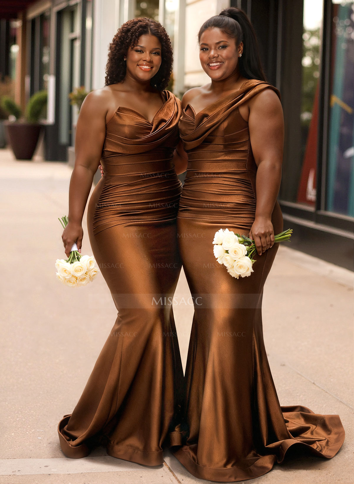 Trumpet/Mermaid One-Shoulder Sleeveless Sweep Train Stretch Satin Knit Bridesmaid Dresses