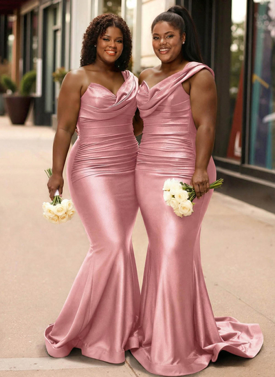 Trumpet/Mermaid One-Shoulder Sleeveless Sweep Train Stretch Satin Knit Bridesmaid Dresses