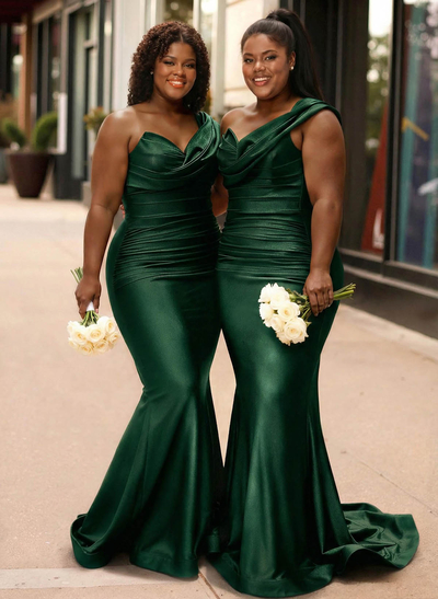 Trumpet/Mermaid One-Shoulder Sleeveless Sweep Train Stretch Satin Knit Bridesmaid Dresses