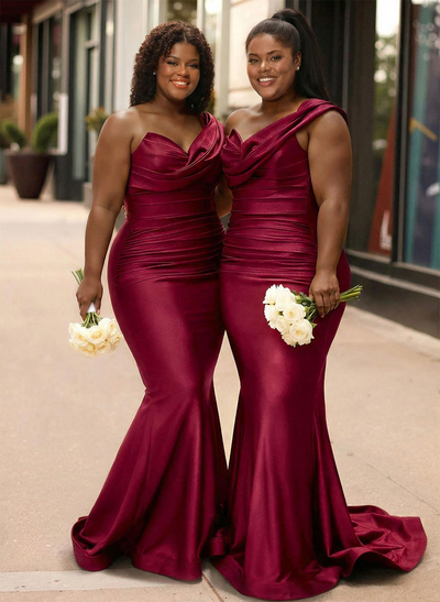 Trumpet/Mermaid One-Shoulder Sleeveless Sweep Train Stretch Satin Knit Bridesmaid Dresses
