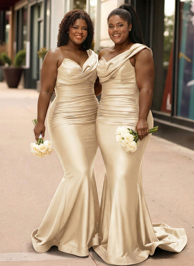 Trumpet/Mermaid One-Shoulder Sleeveless Sweep Train Stretch Satin Knit Bridesmaid Dresses