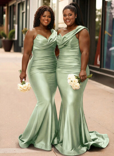 Trumpet/Mermaid One-Shoulder Sleeveless Sweep Train Stretch Satin Knit Bridesmaid Dresses