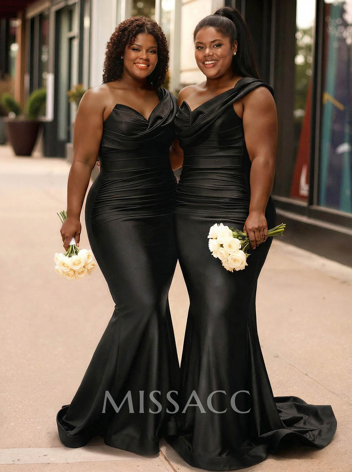 Trumpet/Mermaid One-Shoulder Sleeveless Sweep Train Stretch Satin Knit Bridesmaid Dresses