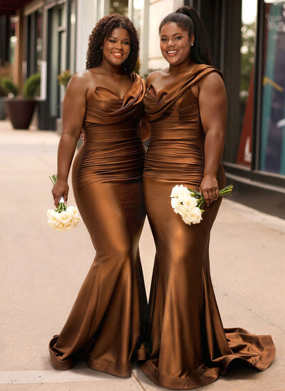 Trumpet/Mermaid One-Shoulder Sleeveless Sweep Train Stretch Satin Knit Bridesmaid Dresses