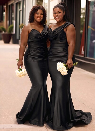 Trumpet/Mermaid One-Shoulder Sleeveless Sweep Train Stretch Satin Knit Bridesmaid Dresses