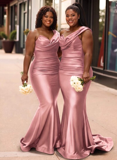 Trumpet/Mermaid One-Shoulder Sleeveless Sweep Train Stretch Satin Knit Bridesmaid Dresses