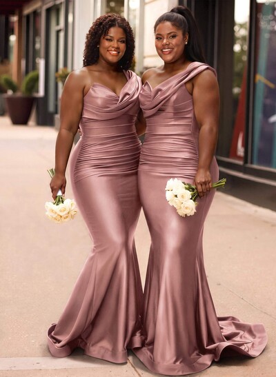 Trumpet/Mermaid One-Shoulder Sleeveless Sweep Train Stretch Satin Knit Bridesmaid Dresses