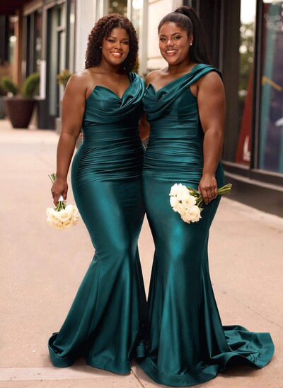 Trumpet/Mermaid One-Shoulder Sleeveless Sweep Train Stretch Satin Knit Bridesmaid Dresses