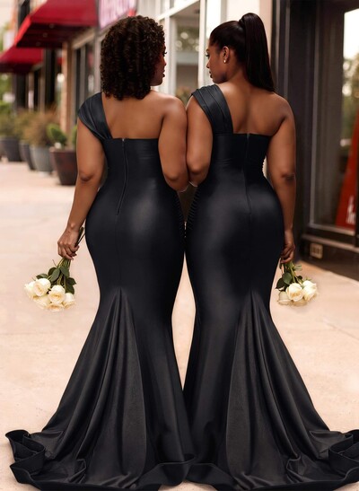 Trumpet/Mermaid One-Shoulder Sleeveless Sweep Train Stretch Satin Knit Bridesmaid Dresses