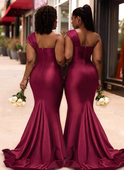 Trumpet/Mermaid One-Shoulder Sleeveless Sweep Train Stretch Satin Knit Bridesmaid Dresses