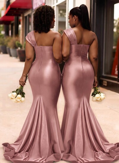 Trumpet/Mermaid One-Shoulder Sleeveless Sweep Train Stretch Satin Knit Bridesmaid Dresses