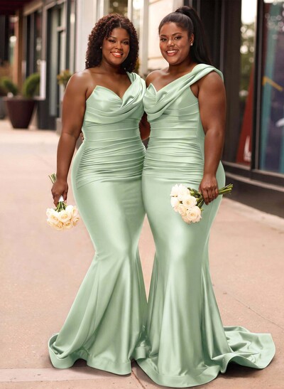Trumpet/Mermaid One-Shoulder Sleeveless Sweep Train Stretch Satin Knit Bridesmaid Dresses