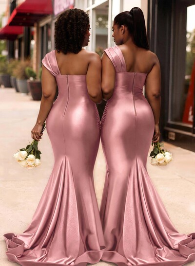 Trumpet/Mermaid One-Shoulder Sleeveless Sweep Train Stretch Satin Knit Bridesmaid Dresses