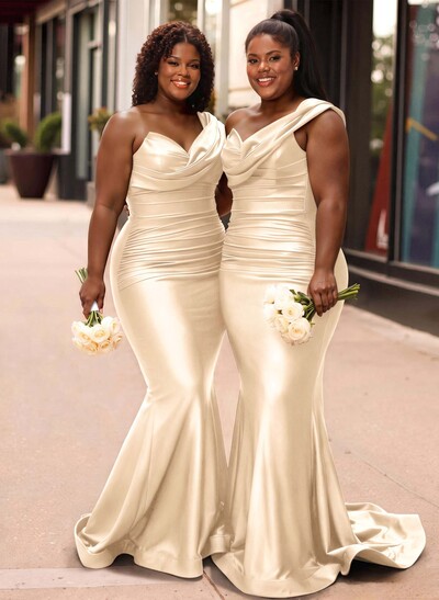 Trumpet/Mermaid One-Shoulder Sleeveless Sweep Train Stretch Satin Knit Bridesmaid Dresses
