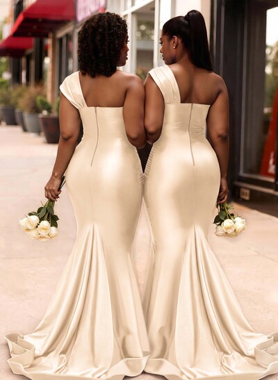 Trumpet/Mermaid One-Shoulder Sleeveless Sweep Train Stretch Satin Knit Bridesmaid Dresses