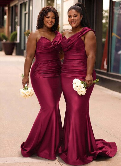 Trumpet/Mermaid One-Shoulder Sleeveless Sweep Train Stretch Satin Knit Bridesmaid Dresses