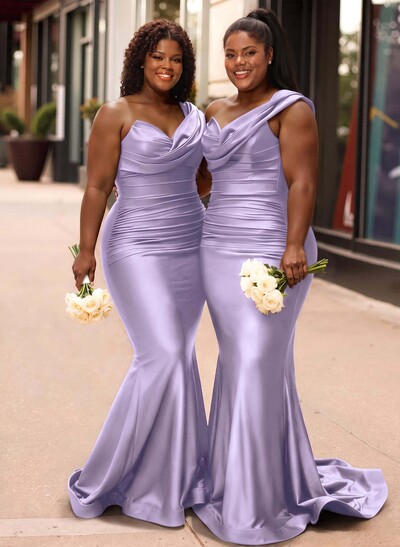 Trumpet/Mermaid One-Shoulder Sleeveless Sweep Train Stretch Satin Knit Bridesmaid Dresses