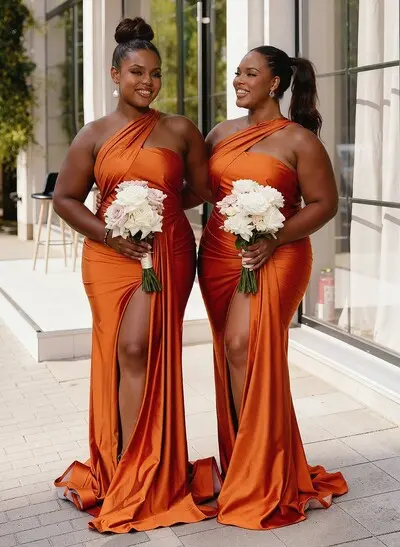 Trumpet/Mermaid One-Shoulder Sweep Train Stretch Satin Knit Bridesmaid Dresses With High Split