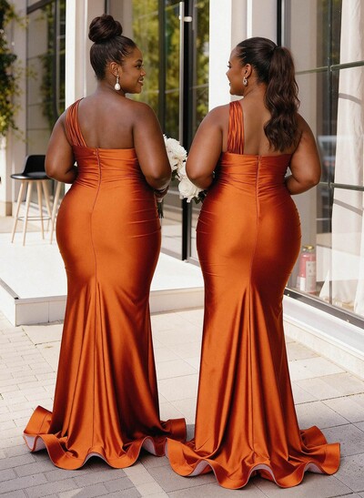 Trumpet/Mermaid One-Shoulder Sweep Train Stretch Satin Knit Bridesmaid Dresses With High Split