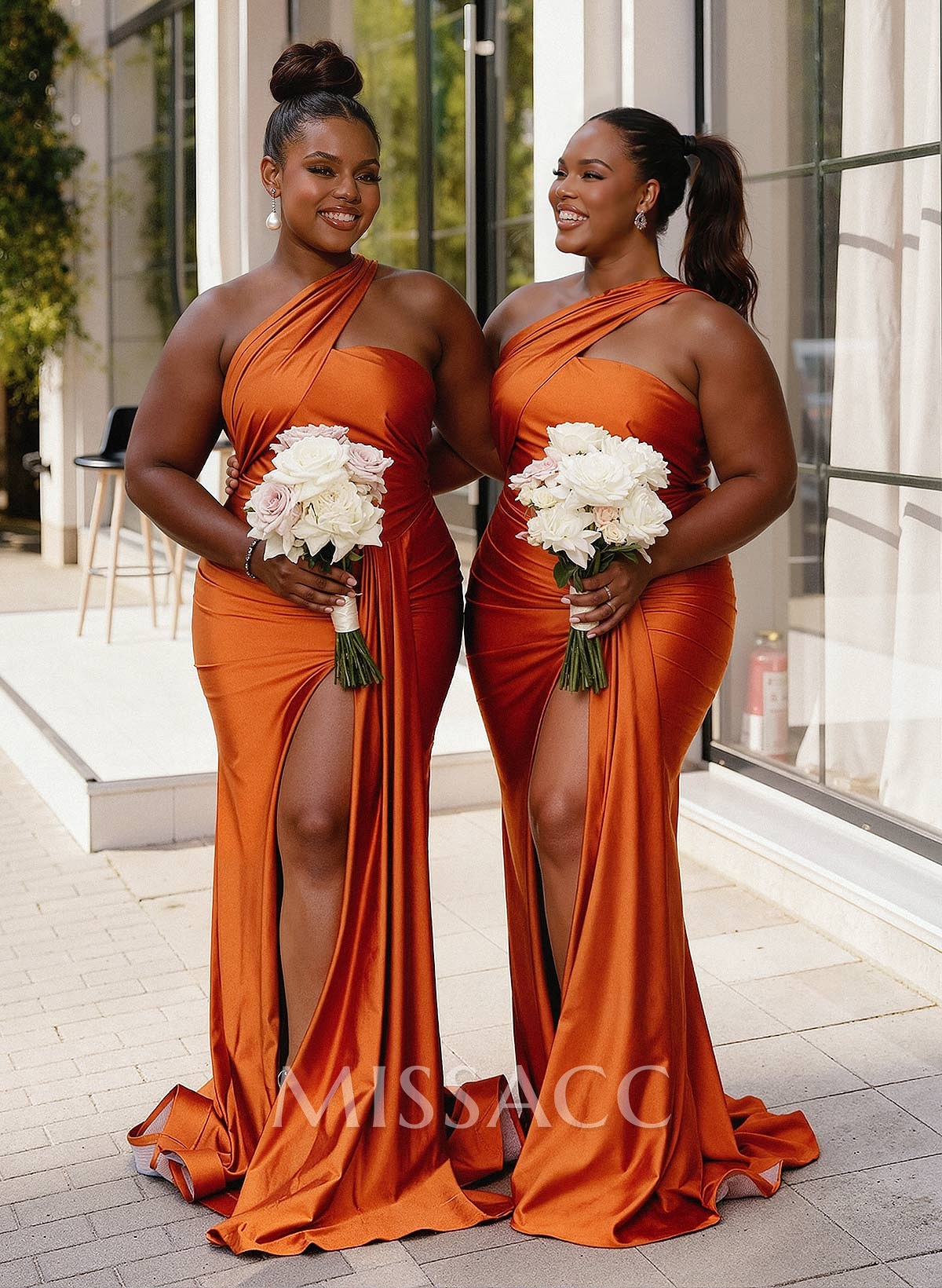 Trumpet/Mermaid One-Shoulder Sweep Train Stretch Satin Knit Bridesmaid Dresses With High Split