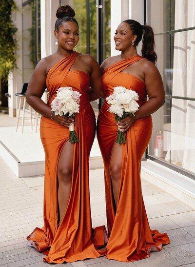 Trumpet/Mermaid One-Shoulder Sweep Train Stretch Satin Knit Bridesmaid Dresses With High Split