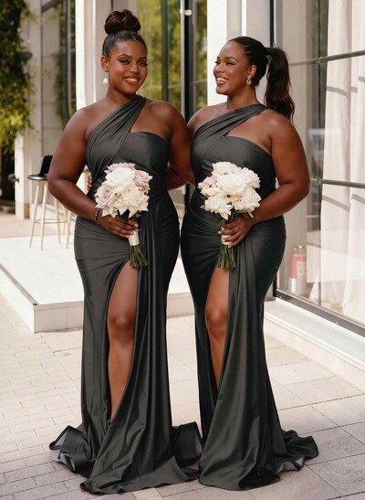 Trumpet/Mermaid One-Shoulder Sweep Train Stretch Satin Knit Bridesmaid Dresses With High Split