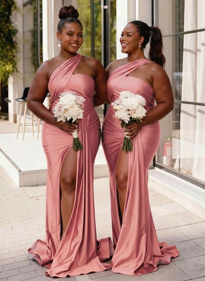 Trumpet/Mermaid One-Shoulder Sweep Train Stretch Satin Knit Bridesmaid Dresses With High Split