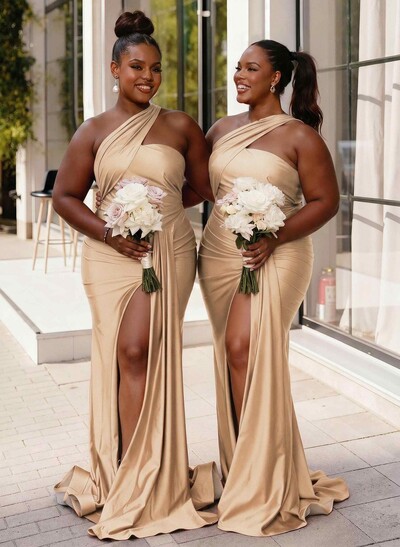 Trumpet/Mermaid One-Shoulder Sweep Train Stretch Satin Knit Bridesmaid Dresses With High Split