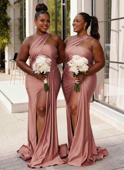 Trumpet/Mermaid One-Shoulder Sweep Train Stretch Satin Knit Bridesmaid Dresses With High Split